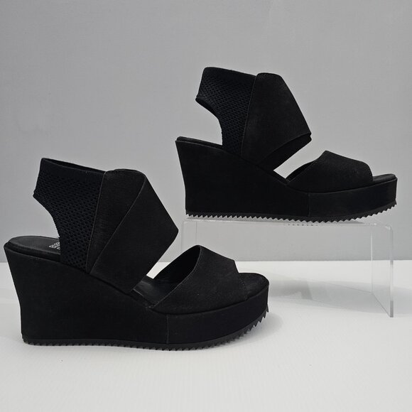 NEW Eileen Fisher Lio Wedge Womens 8.5 Black Leather Platform Sandal Chunky - Picture 3 of 14